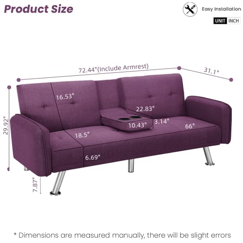 Dklgg Futon Sofa Bed Convertible Sofa Couch, Modern Loveseat Sleeper Futon Couch With 2 Cup Holders, Convertible Folding Sofa Bed Small Couch For Living Room, Bedroom, Apartment Or Dorm(Purple) #TOP1