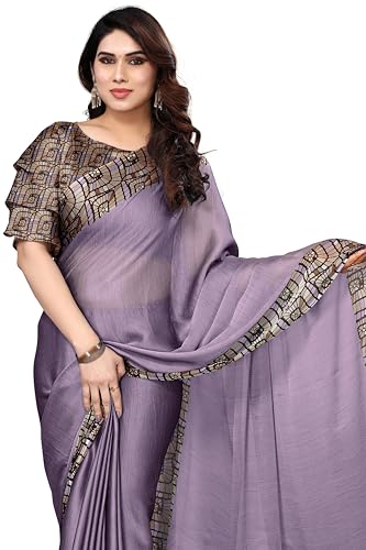 Image of MIRCHI FASHION Saree for Woman Chiffon Georgette Solid with Contrast Border | Lightweight Daily Wear Women's Sari and Printed Blouse Piece