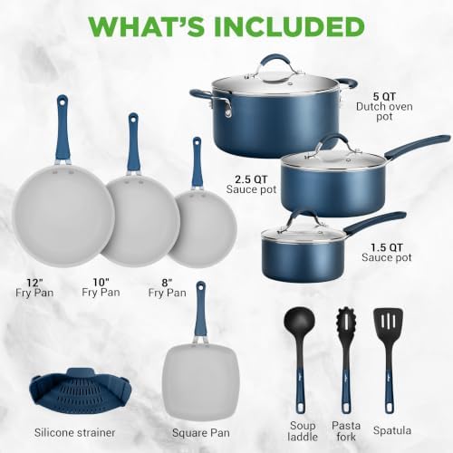 NutriChef 14-Piece Navy Blue Nonstick Cookware Set thumbnail 8
