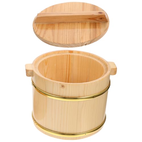 INOOMP Cubo para Servir Arroz para Sushi de Madera Natural 18x14 Cm Tapa, Recipiente para Arroz Cocido, Borde Redondeado Seguro para Restaurantes y Cocina Doméstica, 1 Unidad