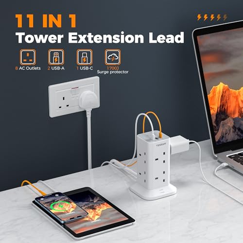 Tower Extension Lead With Usb C Slots, Tessan 8 Way Plug Extension Socket With Switch, Surge Protected Power Strip With 2M Cable For Home, School Supplies - 2