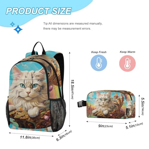 Backpack Lunch Bag Set for Travel Hiking Picnic, Castle Cat Print Backpacks with Insulated Lunch Box2