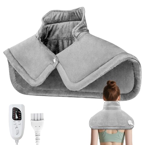 Rakuker Almofada elétrica cervical, manta elétrica cervical com 6 níveis de calor e 4 tempos, manta com gola alta e fecho automático, aquecedor de ombros com peso, cinzento