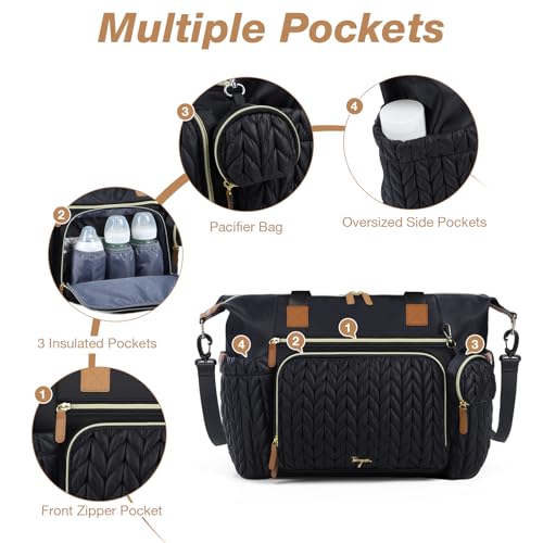 Image of Diaper Bag Tote, Large Baby Hospital Bag for Labor Delivery Mom | Travel Diaper Tote with Changing Pad, Pacifier Case, Insulated Pockets, Luggage Sleeve, Shoulder Strap, Quilted Black