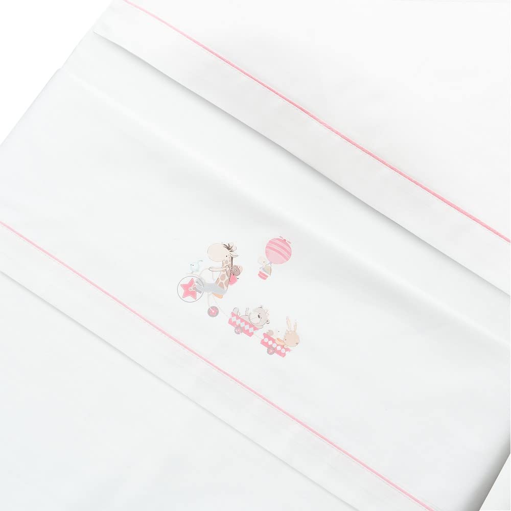 Juego de sábanas de Minicuna JIRAFA BICICLETA en blanco rosa · 100% ALGODÓN · INTERBABY