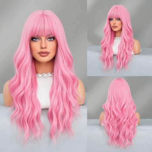 KAMIMASU Peluca larga y rizada para bebé con flequillo de aire, fibra sintética resistente al calor, pelucas de color rosa brillante para mujeres, Drag Queen Cosplay Maquillaje 65 cm