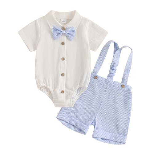 Image of Vicaankue Newbron Baby Boy Summer Outfit Cotton Linen Button Short Sleeve Bowtie Shirt Romper Suspender Shorts Set