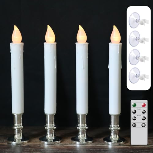 Image of 9 inch Flameless Window Taper Candles Battery Operated with 8-Key Remote and Timer, 4 Pack White Christmas Holdiay Window Candles with Silver Holders, Suction Cups and AA Batteries Included