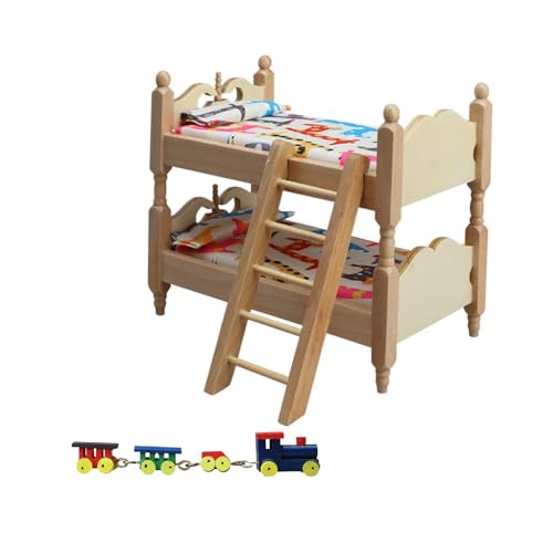 Miniature 1/12 Scale Doll House Furniture and Accessories Set, Dollhouse Ornament, Dollhouse Bunk Bed Decoration Mini Bed Tiny Beds with Ladder and Wooden Train Kit