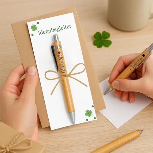 Milaboo® Bambus Glücksstifte – 10er Set | Kugelschreiber mit Botschaft „Glücksstift“ | Geschenkstifte, Ideenbegleiter & Mitgebsel – fertig verpackt zum Verschenken (10er Set Bambus)