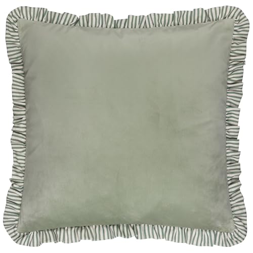 furn. Wylder Solene Ruffle Cushion Cover – Soft Pastel Velvet Striped Trim Decorative Case (Sage – 45x45cm)