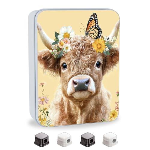 Image of Metal Tin Box with Lid for Game Cards Home Organizer Candles Keys Crafts Storage - Equipped with 4 Magnetic Cord Clips,Cute Cow Butterfly