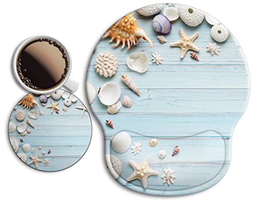 Ergonomic Mouse Pad with Wrist Support Rest,Large Mousepad Gel Wrist Rest, with Coaster Non-Slip & Pain Relief for Computer, Desk, Home&Office-Seashell