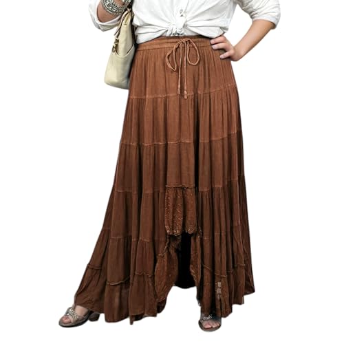Agan Traders Women's 2025 Spring Peasant Tiered A Line Flared High Low Elastic Waistband Flowy Long Maxi Skirt