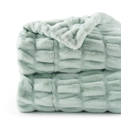 BATTILO HOME Sage Green Throw Blanket for Couch, Faux Fur Throw Blanket, Super Soft Warm Cozy Plush Mink Blanket, Double Side Ruched Rabbit Fur Blanket for Bed, Sofa, Chair, 50"x60" by BATTILO HOME - Image 2