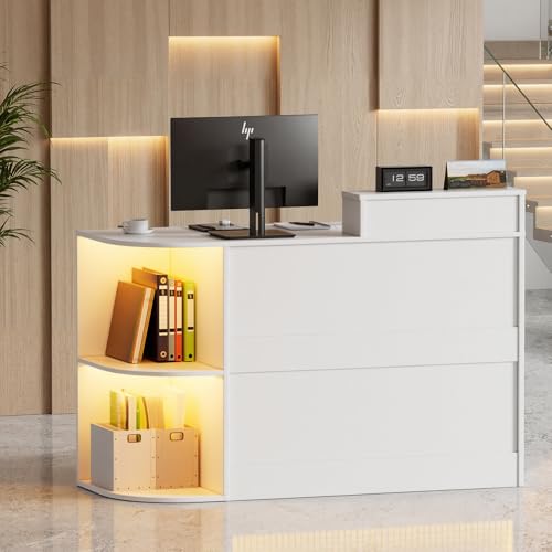 MSFE Empfangstheke mit LED, Empfangstresen L Form mit Tastaturschublade, Abschließbaren Schubladen und Schränken, Moderner Rezeptionstheke Rezeption Tisch für Salon Geschäft Hotel Büro 120x102.5x48cm