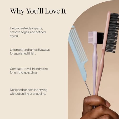 Kitsch Detail & Define Styling Brushes Set – Hair Styling Combs Kit with Pintail Comb, Edge Brush & Teasing Tool, Comb Set for Precision Parts, Smooth Edges, Volume & Slick Back Hair Brush Styling