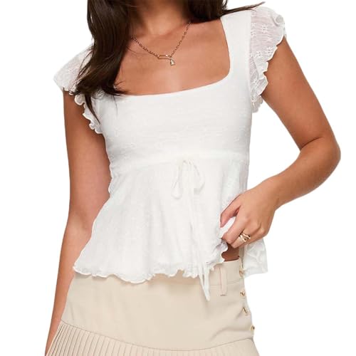 WYFC Lace Tops for Women Y2k Babydoll Tank Vintage Floral Cute Going Out Shirt White M