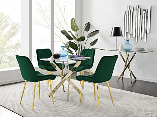 Furniturebox UK Novara 100cm Gold Round Dining Table and 4 Green Pesaro Gold Leg Chairs