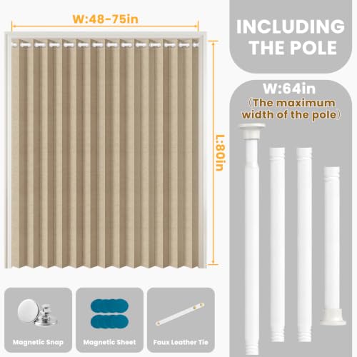 Image of AJAZZ Blackout Accordion Door Curtain with Curtain Rods Adjustable 28-63 inch Long, Invisible Accordion Doors Interior for Bedroom Living Room Doorway Curtain Set, 1 Pack, W72 x L80 in, Brown