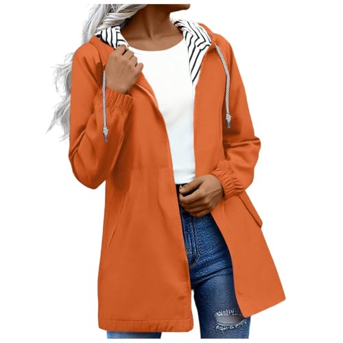 Shffuw Poncho Impermeable Mujercortavientos Mujer Chaqueta con capucha de color liso para mujer, otoño e invierno, con bolsillos y cremallera, longitud Cortavientos Mujer (Orange, XXXXL)