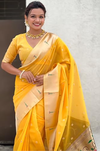 Image of SGF11 Women's Organza Kanjivaram Pure Soft Silk Handloom Saree Pure Golden Zari With Blouse Piece