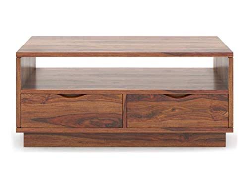 Image of DRIFTINGWOOD Wooden Rectangle Center Coffee Table for Living Room | Centre Coffee Table with 2 Drawers & Shelf Storage for Home | Sheesham Wood, Natural Brown