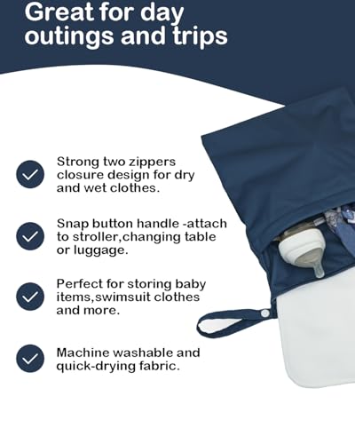 Kawigo Wet Dry Bags 3 Pack Two Zipper Pockets Travel Beach Pool Reusable Waterproof Yoga Gym Bag for Baby Cloth Diaper Swimsuits Wet Clothes Grey Blue 3L03