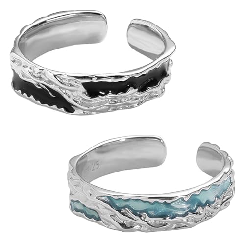 Teegxddy Ringe Koppeln,925 Silber Galvanisieren Ringe, Öffnung Ist Verstellbar,Gothic Style Ring, Geeignet Für Männer Und Frauen, Schwarz Und Blau, 2 Stück