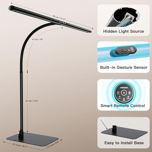 EYOCEAN Schreibtischlampe LED mit Gestensteuerung & Fernbedienung, Dimmbare Monitor Lampe 24W 80cm, Tageslichtlampe Schreibtisch für Homeoffice, Bürolampe mit Sockel, 5 Farbtemperaturmodi Tischlampe