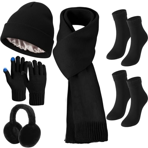 Image of Geyoga 6 Pcs Winter Knit Set with Knit Beanie Hat Long Scarf Touchscreen Gloves Foldable Earmuff Fleece Socks for Women