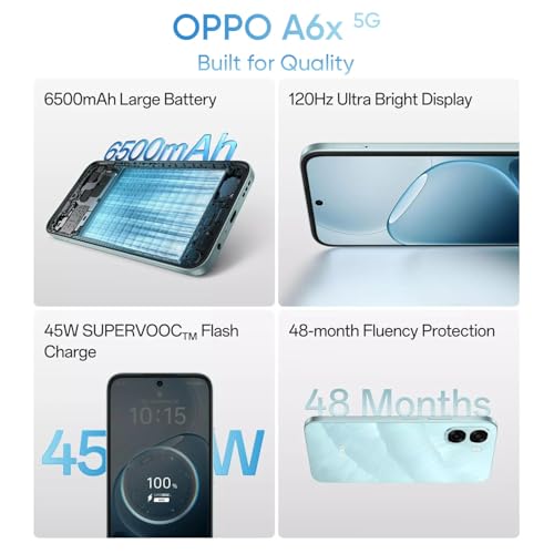 Image of OPPO A6x 5G Smartphone 4+128GB Blue, 6.7-inch, 120Hz Ultra Bright Display, 6500mAh Battery, 45W SUPERVOOCTM Fast Charge, 5MP Front Camera & 13MP Rear Camera, Mediatek Dimensity 6300, IP64