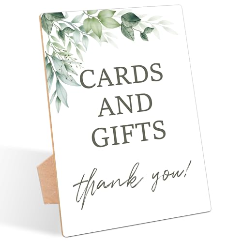 Greenery Baby Shower Table Sign, Cards and Gifts, Pack of 1 Wooden Tabletop Sign with Stand, Green Baby Shower Supplies, Gender Reveal Party Decorations - RG16