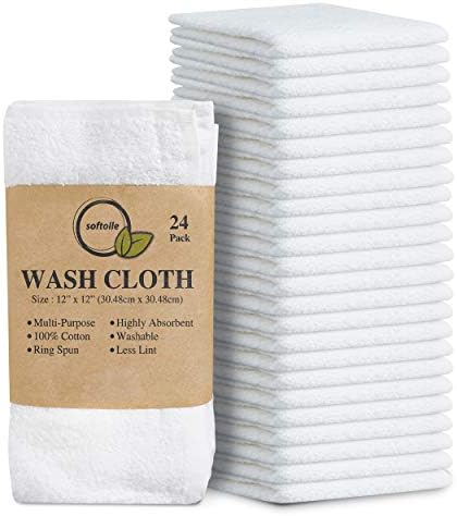 Softolle 100% Cotton Ring Spun Wash Cloths – Bulk Pack of Washcloths – 12x12 Inches – Wash Cloth for Face, Highly Absorbent, Soft and Face Towels (White, 24 Pack)