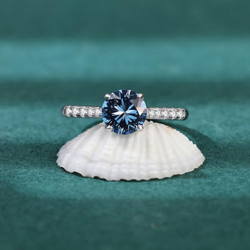 925 Sterling Silver Ring with Blue Round Zircon, 7x7mm Main Stone, Engagement Band with Clear Zircon Accents, 2mm Width, Ideal Gift for Women3