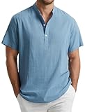 Enlision Camisa Hombre de Lino Algodón Verano Manga Corta Camisas Cuello Mao Hombre Azul Bruma Casual Elegante Transpirable Suelta Camiseta Ibicenca con Tres Botones Tallas Grandes 3XL