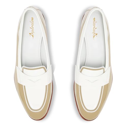 Image of Women Patent Slip On Loafer Flats Two Tone Round Toe Flat Heel Penny Loafers Casual 1 inch Low Heel Loafer Dress Shoes Oxford Comfort Chic Colorblock Office Ladies 4-11 M US