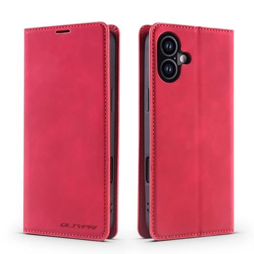Étui iPhone 16 rouge en cuir PU avec porte-cartes et support vidéo QLTYPRI
