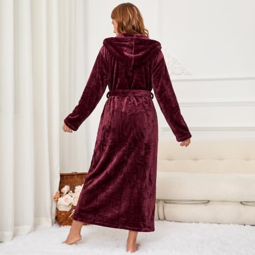 Image of RONGTAI Womens Robes Plush Fleece Hooded Bathrobe Thick Nightgown with Pockets Fluffy Sleepwear