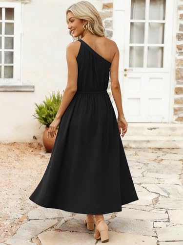 Image of ECOWISH Womens Summer One Shoulder Maxi Dress Casual Polka Dot Midi Dresses Sleeveless Long Pockets Sundress Beach Vacation