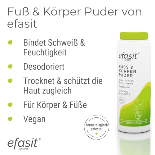 efasit Fuß und Körper Puder - Gegen schwitzende Füße, ideal bei Fußgeruch und Schweißfüße, bindet Feuchtigkeit, schützt die Haut und sorgt für angenehmen Geruch, 100g (Packung mit 2)