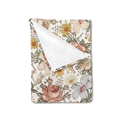 Hawskgfub 001 Boho Retro Peony Floral Baby Blanket For Girls Gift, Beige Bohemia Daisy Flower Flannel Fleece Nursery Bed Blankets cover