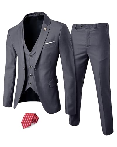 YND Men's Slim Fit 3 Piece Suit Set, One Button Solid Blazer Vest Pants with Tie