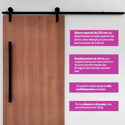 Porta De Madeira + Kit De Correr 2m + Puxador Flat 1m Preto Cor:Carvalho