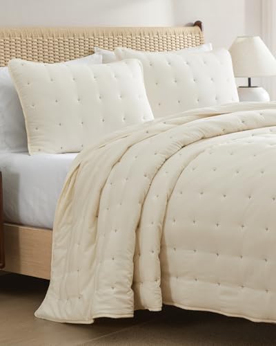 Image of Quilts King Size - Bedspread for King Size - Lightweight Comforter Set - Quilt Bedding Set for All-Seasons - Ultra Soft, Breathable & Comfy - Summer Coverlet with 2 Pillow Shams - 106 inch x 96 inch, Cream