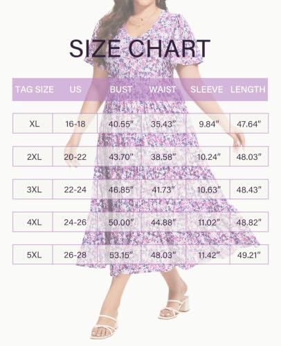 Image of Women's Plus Size Summer Dresses Floral Casual Tiered Midi Dresses V-Neck Short Sleeve Long Maxi Dress with Pockets