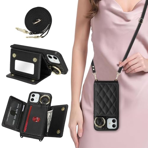 DEYHU for iPhone 12 Case with Card Holder and Strap for Women Crossbody Lanyard Make Up Mirror Ring Stand Snap Clasp Cute Phone Wallet Cases 6.1 inch - Black