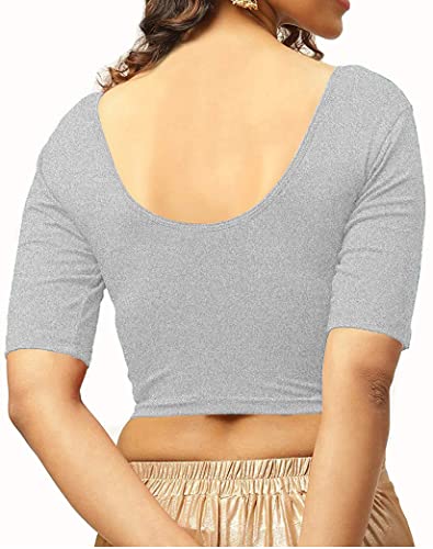 Image of THE BLAZZE 1303 Women's Cotton Scoop Neck Backless Elbow Sleeve Crop Top Readymade Saree Blouse for Women