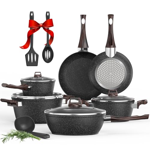 PureGlow 13pcs Pots and Pans Set GranitePro Non Stick, Induction Kitchen Cookware Set with Lids, Cooking Set/Frying Pans & Saucepans (Non Toxic PFOS Free)
