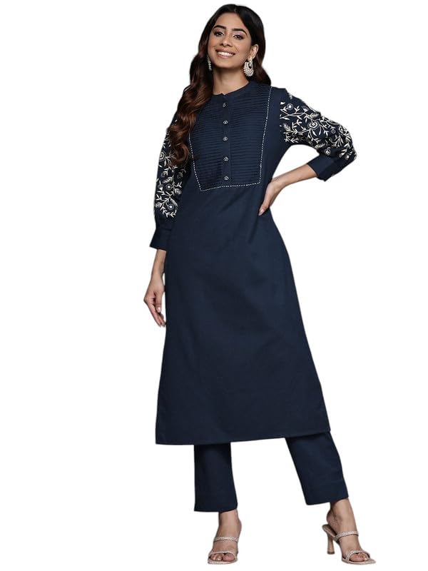 Varanga Women's Blue Embroidered Kurta With Bottom, Mandarin Collar, Pleated Yoke, Thread Embroidered Three-Quarter Puff Sleeves, Straight Cut Kurta Set